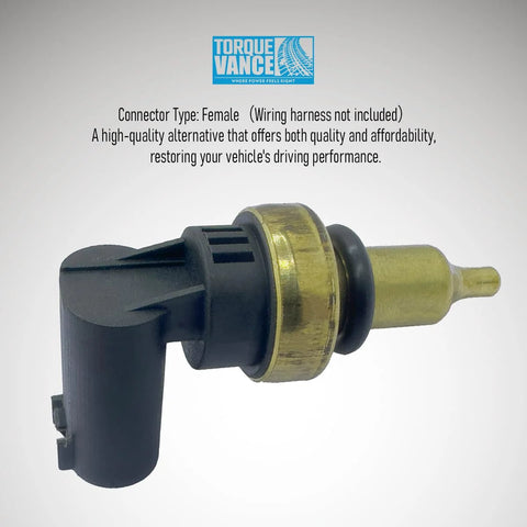 TorqueVance coolant temperature sensor, side view, black plastic connector and brass sensor stem with O-ring