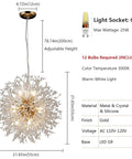 Gold 12 Light Modern Crystal Firework Chandelier With Dandelion Burst Design 21.6 Inch Lit Rainbow Glow Stainless Steel