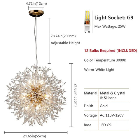 Gold 12 Light Modern Crystal Firework Chandelier With Dandelion Burst Design 21.6 Inch Lit Rainbow Glow Stainless Steel