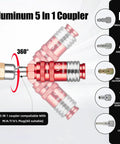 Aluminum 5 In 1 Coupler designed for versatile compatibility with multiple air fittings, showing rotating connection.