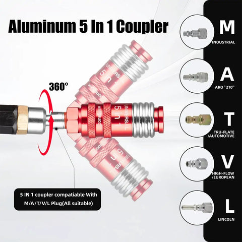 Aluminum 5 In 1 Coupler designed for versatile compatibility with multiple air fittings, showing rotating connection.