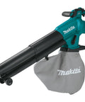 3-In-1 Cordless Leaf Blower Vacuum Mulcher, 18V LXT Brushless Tool, black and teal design with mulch bag attached