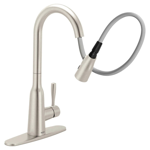 Top Shelf Stainless Steel Pull Down Kitchen Faucet Featuring One Handle High Arc Design With Fast Wash Power Boost And Smudge Resistant Matte Finish For Quick Cleanup And No Hassle Setup Plus Smooth Retractable Spray Hose Operation.