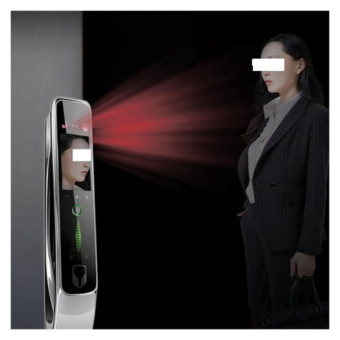 Top Shelf Smart Electronic Door Lock With 3D Face Recognition And Palm Vein Access showing face detection in a dark setting.