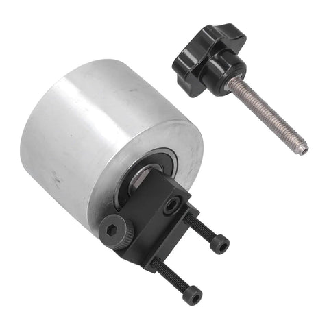 Heavy Duty Aluminum Alloy Belt Grinder Tracking Wheel Smooth Operator Drag Roll showing aluminum drum and mounting hardware.