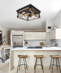 Farmhouse Flush Mount Cage Light With Adjustable Pull Chain, Square Wood Rustic Ceiling Fixture In Black Metal for kitchen