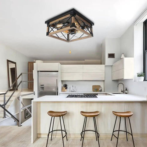 Farmhouse Flush Mount Cage Light With Adjustable Pull Chain, Square Wood Rustic Ceiling Fixture In Black Metal for kitchen