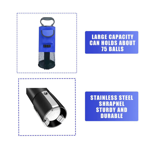 Golf Ball Retriever With Telescoping Handle Up To 29.5 Inches, Portable Shag Bag With Pocket, Blue, holds 75 balls.