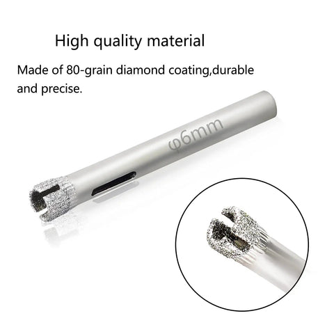Heavy Duty Diamond Hole Saw Drill Bits For Glass Tile And Porcelain Masonry Stone 1/4 Inch 6mm Nickel Plated Carbon Steel Core Cutter Pack Of 15 No Sweat Precision Drilling, detailed view of 6mm diamond-coated drill bit.