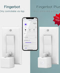 Zigbee Fingerbot Plus No Wiring Switch Smart Button Pusher with touch control, shown with app interface and upgrade details.