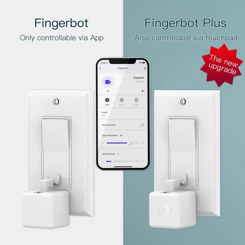 Zigbee Fingerbot Plus No Wiring Switch Smart Button Pusher with touch control, shown with app interface and upgrade details.