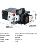 Heavy Duty Three In One Electric Terminal Crimping Machine With Foot Switch And Seven Dies For Stripping Cutting Copper Wire High Output Hella Easy To Use Reliable Build, side view with dimensions displayed.