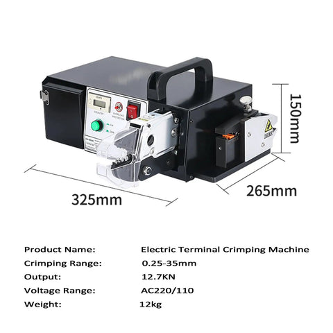 Heavy Duty Three In One Electric Terminal Crimping Machine With Foot Switch And Seven Dies For Stripping Cutting Copper Wire High Output Hella Easy To Use Reliable Build, side view with dimensions displayed.