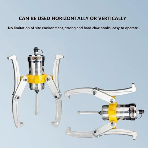 Heavy Duty 50 Ton Hydraulic Gear Puller With Hand Pump And Adjustable Claws For Stubborn Bearings shown horizontally and vertically.