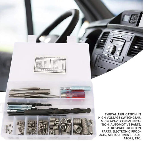 Heavy Duty Stainless Steel Thread Repair Kit With Tap Drill Tool Kick Ass Helicoil Wire Inserts For Stripped Auto Engine Blocks in organized case.
