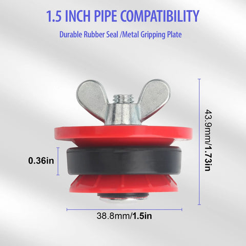 1.5-inch mechanical end-of-pipe gripper plug with red seal, black gasket and winged metal handle