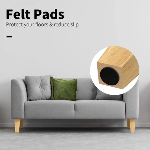 Set Of 8 6 Inch Square Solid Wood Furniture Legs For Sofa Couch Armchair Bed Dresser Cabinet Replacement Mid Century Style Includes Installation Hardware Natural Finish with felt pads close-up