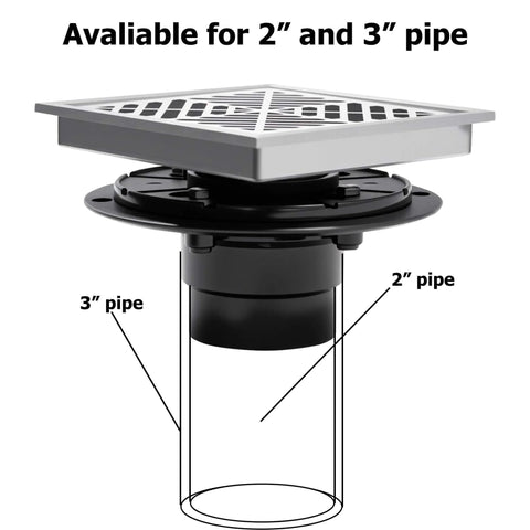 6 Inch Square Shower Drain With Flange Kit, 1.2mm SUS304 Stainless Steel Floor Drain, Geometric Pattern, side view