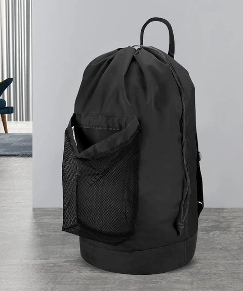 Durable Nylon Laundry Backpack With Drawstring Closure Large Capacity Hamper Bag With Mesh Pocket Adjustable Wide Straps