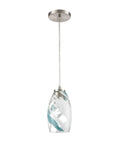 Turbulence Mini Pendant Light In Satin Nickel With Aqua Opal Swirl Glass, 1 Light Sleek Hardwired Modern Contemporary Ceiling Fixture For Kitchen Island Or Dining, Durable Metal Construction