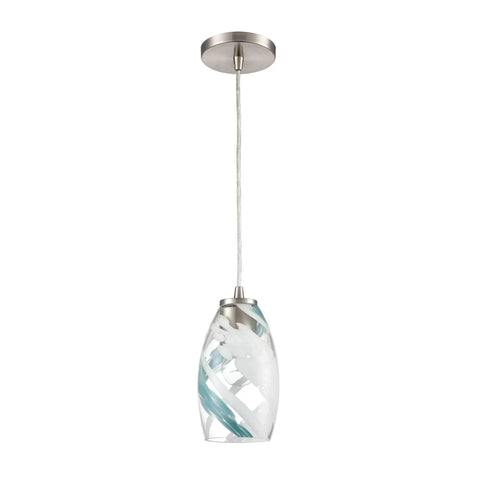 Turbulence Mini Pendant Light In Satin Nickel With Aqua Opal Swirl Glass, 1 Light Sleek Hardwired Modern Contemporary Ceiling Fixture For Kitchen Island Or Dining, Durable Metal Construction