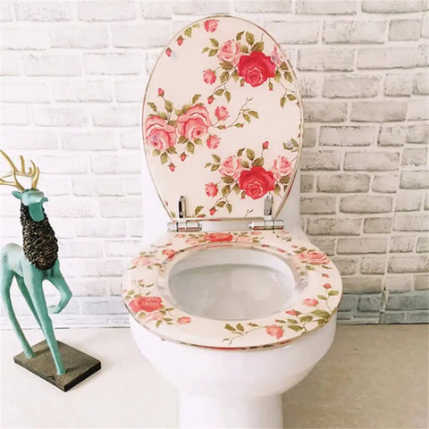 Heavy Duty Soft Close Flower Pattern Resin Toilet Seat With No Sweat Install For Bathroom Glow Up Universal Oval Shape Quick Swap Hinges Durable Everyday Essential, showcasing floral design and soft close feature.