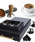 No Sweat Portafilter Cleaner And Espresso Knock Box That Kicks Stubborn Coffee Grounds Loose Instantly With A Heavy Duty Spinning Brush and accessories.