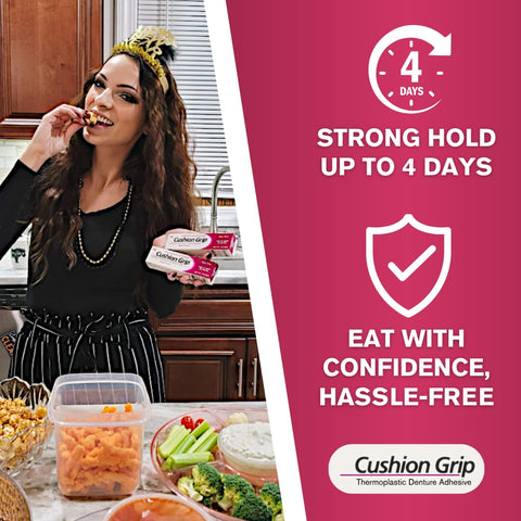 Woman holding Travel Size Denture Adhesive 0.35 Oz That Holds Loose Dentures For Up To Four Days in kitchen setting
