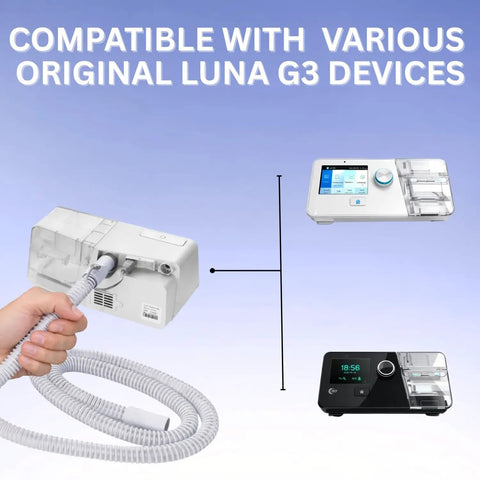 Corrugated Flexible Air Tubing For Luna G3 Devices connected to device, showing lightweight ribbed hose with condensation resistant interior