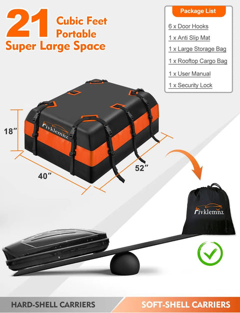 Rooftop Cargo Carrier Roof Bag Waterproof For All Vehicle Tops With Or Without Rack Includes Topper Anti Slip Mat