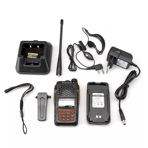 UV-6R Ham Radio Handheld 5W Walkie Talkie For Adults with accessories including charger, antenna, earpiece, and belt clip