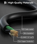 Cross-section of 3 Ft Black Extension Cord For Indoor And Outdoor Use With 3 Prong Grounded Plug 16 Gauge SJTW Cable ETL Listed 125V 13A