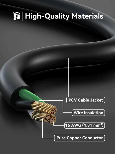 Cross-section of 3 Ft Black Extension Cord For Indoor And Outdoor Use With 3 Prong Grounded Plug 16 Gauge SJTW Cable ETL Listed 125V 13A