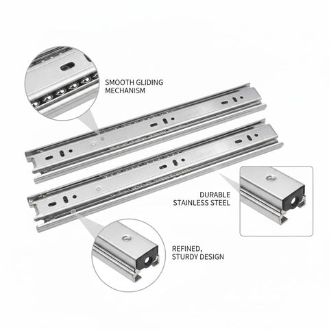 Full Extension Side Mount Drawer Slides for Cabinets and Furniture, smooth glide hardware set in stainless steel, DIY upgrade, 1 pair