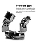 Three chrome 8 mm universal sockets for 1/4 inch drive, showing 360-degree rotation with 6-point metric, in chrome vanadium steel for fasteners.