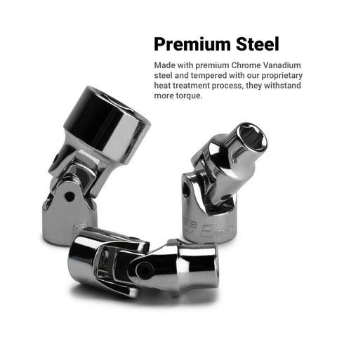 Three chrome 8 mm universal sockets for 1/4 inch drive, showing 360-degree rotation with 6-point metric, in chrome vanadium steel for fasteners.