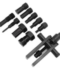 Thinking Process: 20-piece black steel motorcycle wheel hub bearing removal tool set with 7 collet sizes