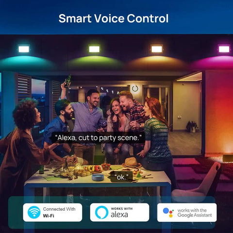 Group enjoying party with Smart WiFi RGB LED Flood Lights Outdoor With App Control And Alexa, IP66 Waterproof Uplights