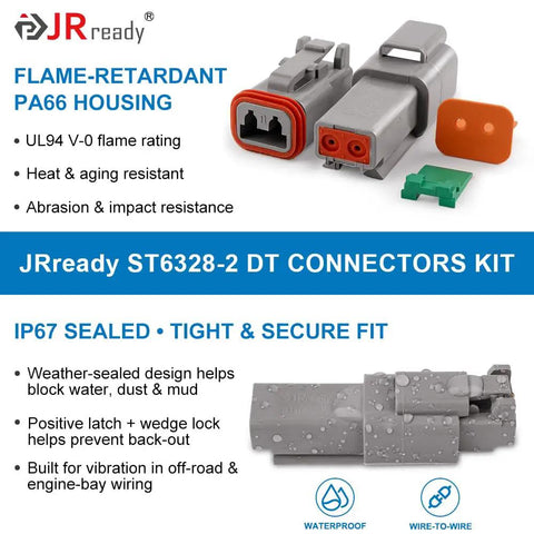 DT Waterproof 2 Pin Connector Kit with 14-20 AWG solid contacts, flame-retardant PA66 housing, and IP67 sealed fit.