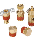 Five Piece Quarter Inch Compressor Air Tank Fittings Kit With Winged Drain Valve, Solid Brass Hex Head Plugs, Twist Style Petcocks, And 140 PSI Safety Valve