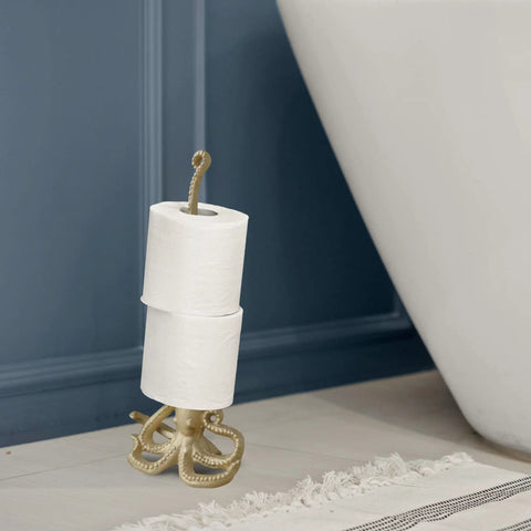 Gold Octopus Paper Towel Holder Made Of Metal Dope Yet Functional Toilet Paper Or Kitchen Paper Roll Stand For Floor Or Countertop 18.6 Inches Tall Next To Bathtub