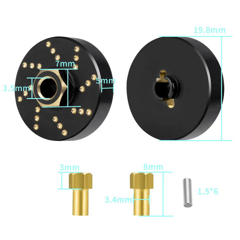 Dimensions and details of 4Pcs 58g Brass Wheel Weights With 7mm Hex Hub Extended Spacers For 1/18 RC Crawlers TRX4M. Includes pins.