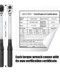 Half Inch Drive Click Torque Wrench Dual Direction Adjustable, 10-150 Ft-Lb, shown with calibration certificate