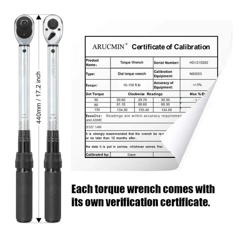 Half Inch Drive Click Torque Wrench Dual Direction Adjustable, 10-150 Ft-Lb, shown with calibration certificate