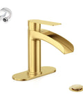 Single Handle Waterfall Bathroom Faucet In Brushed Gold With 6 Inch Deck Plate Includes Metal Pop Up Drain Assembly And CUPC Water Supply Lines Fits 4 Inch Single Hole Or 3 Hole Sinks For A Sleek Boss Level Spa Vibe shown