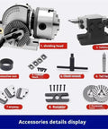 Solid Six Inch Universal Indexing Head For Milling Machines Featuring Heavy Duty Three Jaw Chuck And Cnc Rotary Axis Tailstock Kit with accessories display including chuck wrench and protective nut.