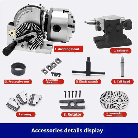 Solid Six Inch Universal Indexing Head For Milling Machines Featuring Heavy Duty Three Jaw Chuck And Cnc Rotary Axis Tailstock Kit with accessories display including chuck wrench and protective nut.
