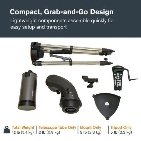 Components of NexStar 90SLT Mak Totally Portable Computerized Telescope with Star Locating laid out on a surface.