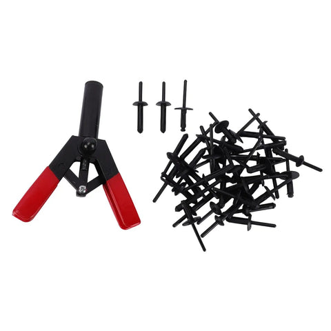 Ergonomic Plastic Rivet Gun Kit with 41 piece assorted nylon rivets and fastener removal tool displayed on white background