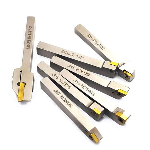 Heavy Duty Lathe Tool Holder Set With One Quarter Inch Shanks Seven Piece Nickel Plated CNC Tools for precision metalwork.